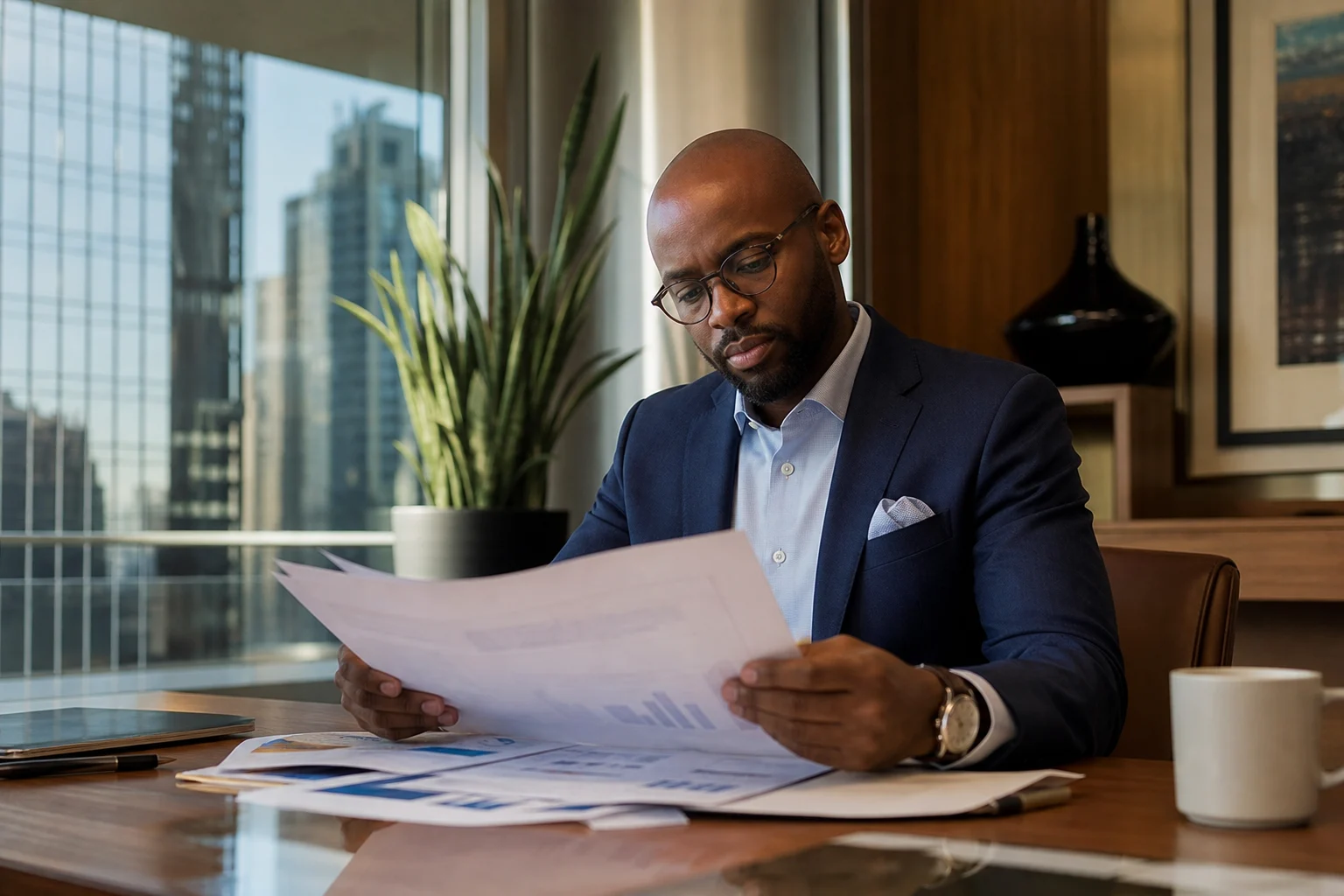 Investment research lead reviewing market intelligence in a Manhattan office.