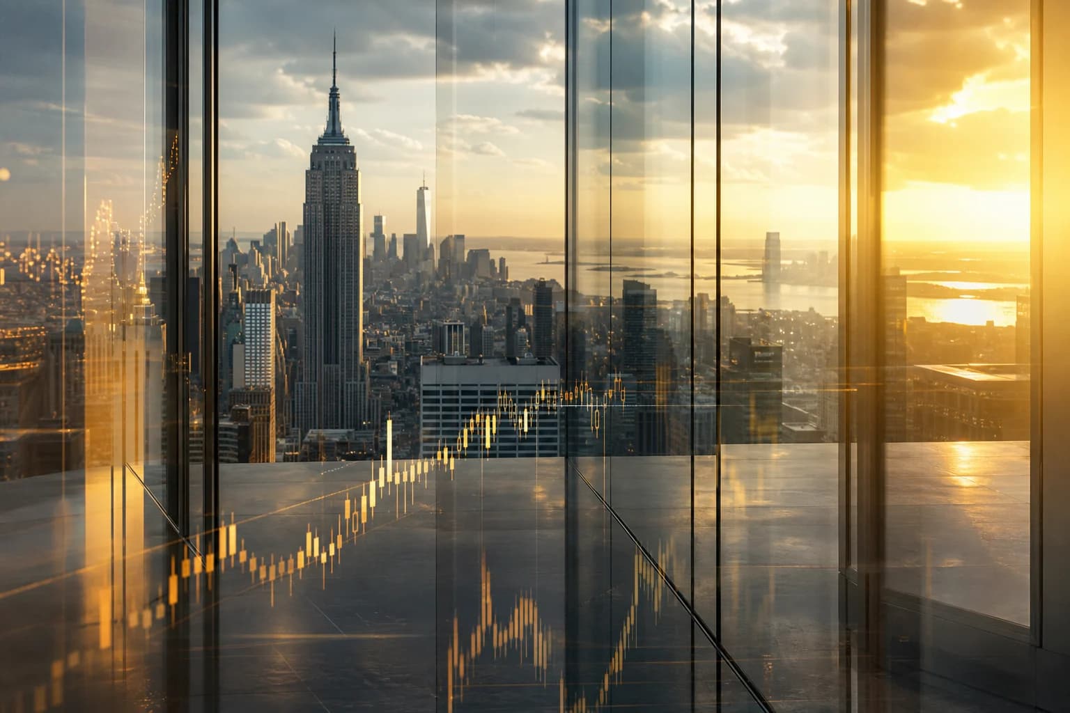 Manhattan glass architecture with warm market signal reflections.