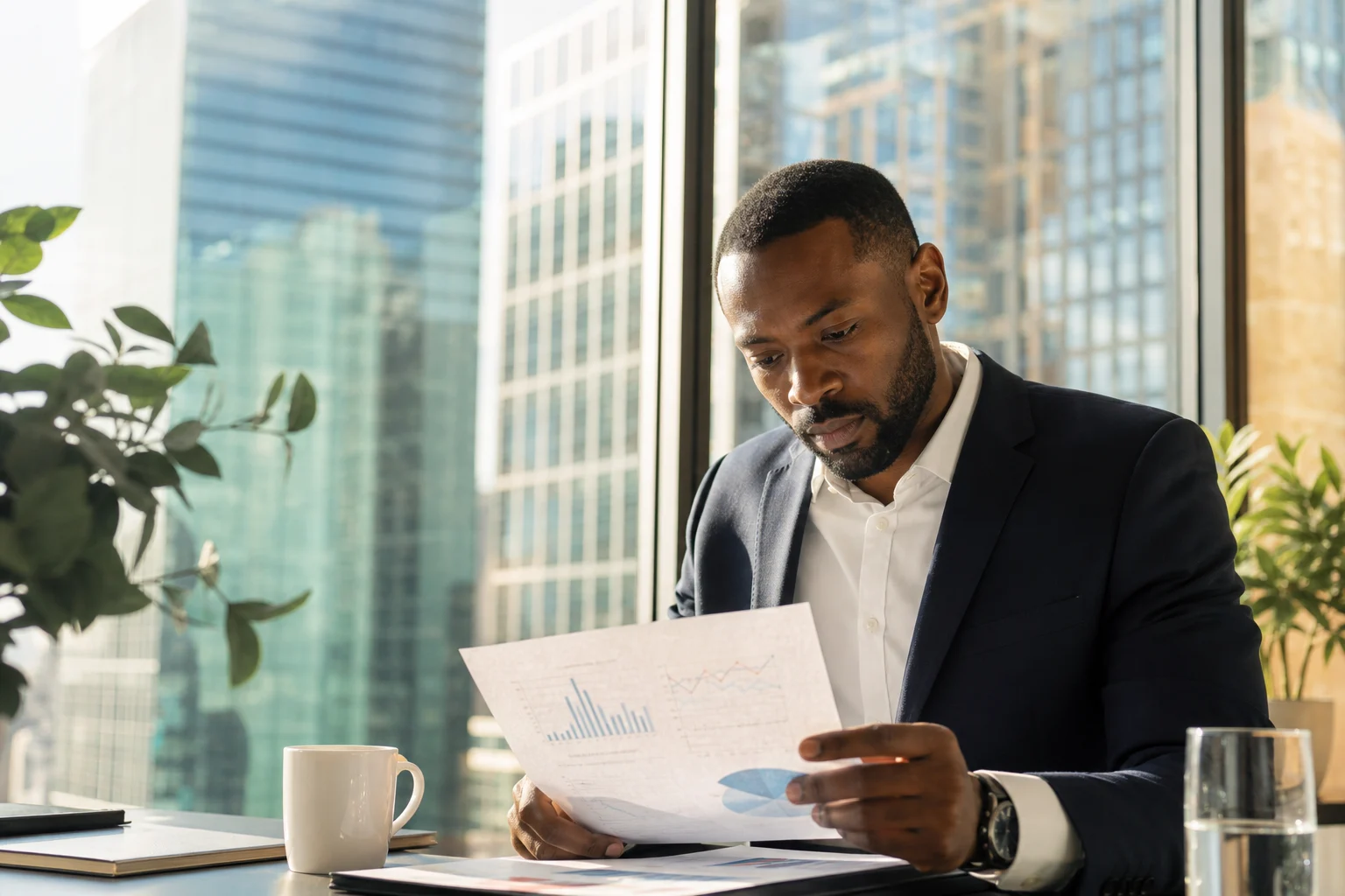 Analyst reviewing currency market documents by bright city windows.