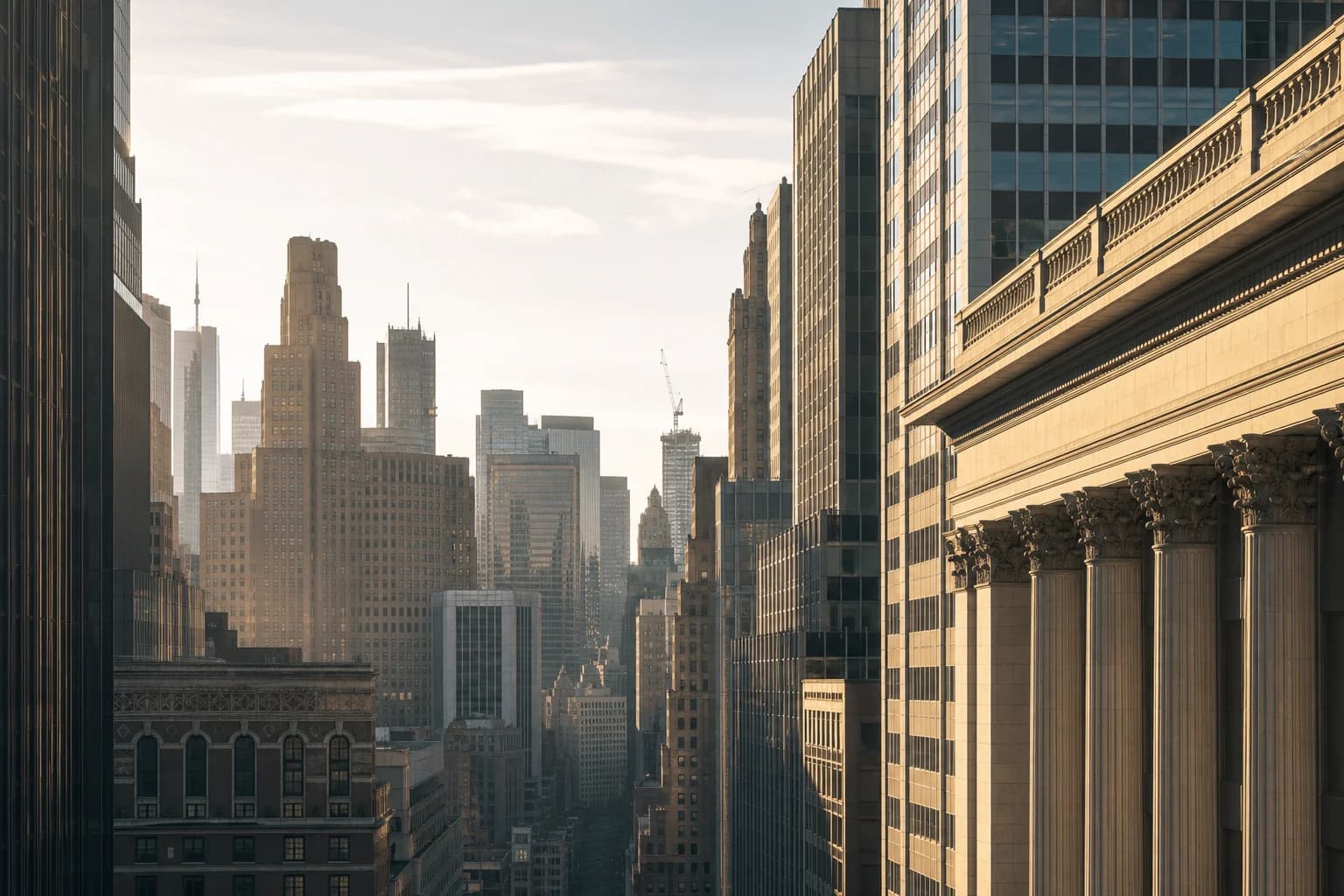 New York financial district architecture in golden morning light.