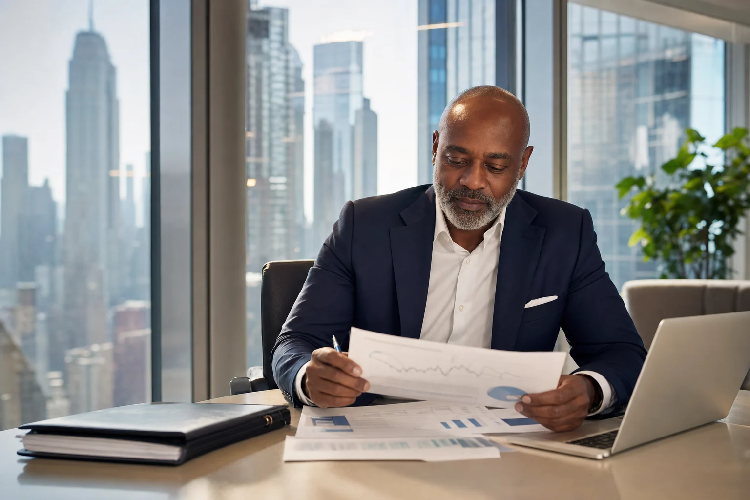 Investment professional reviewing market research in a bright Manhattan office.