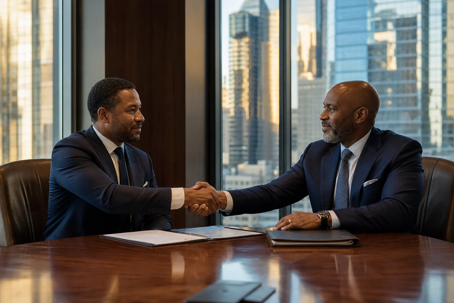 Two business principals shaking hands in a warm Manhattan boardroom.