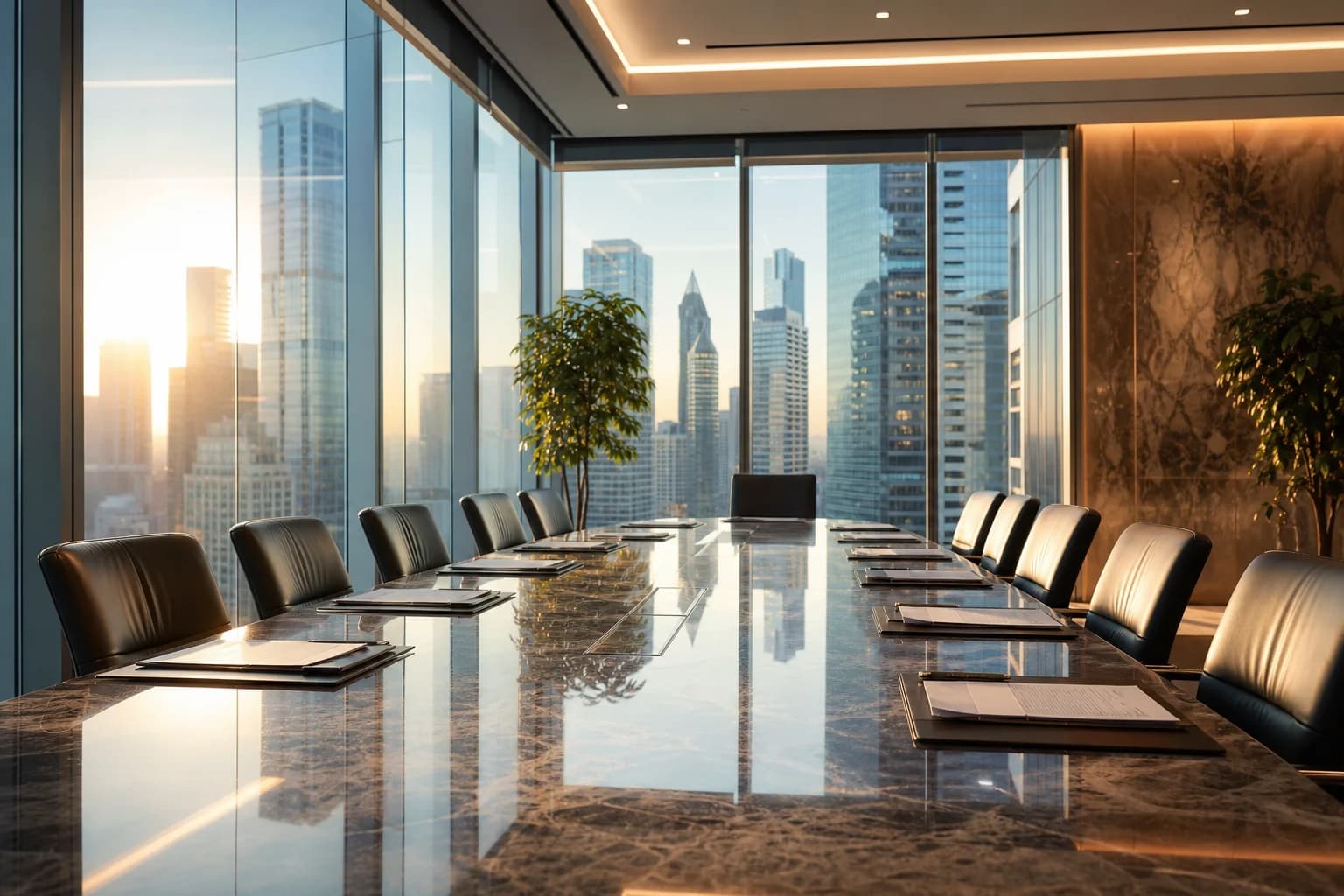 Warm boardroom with glass reflections and institutional architecture.