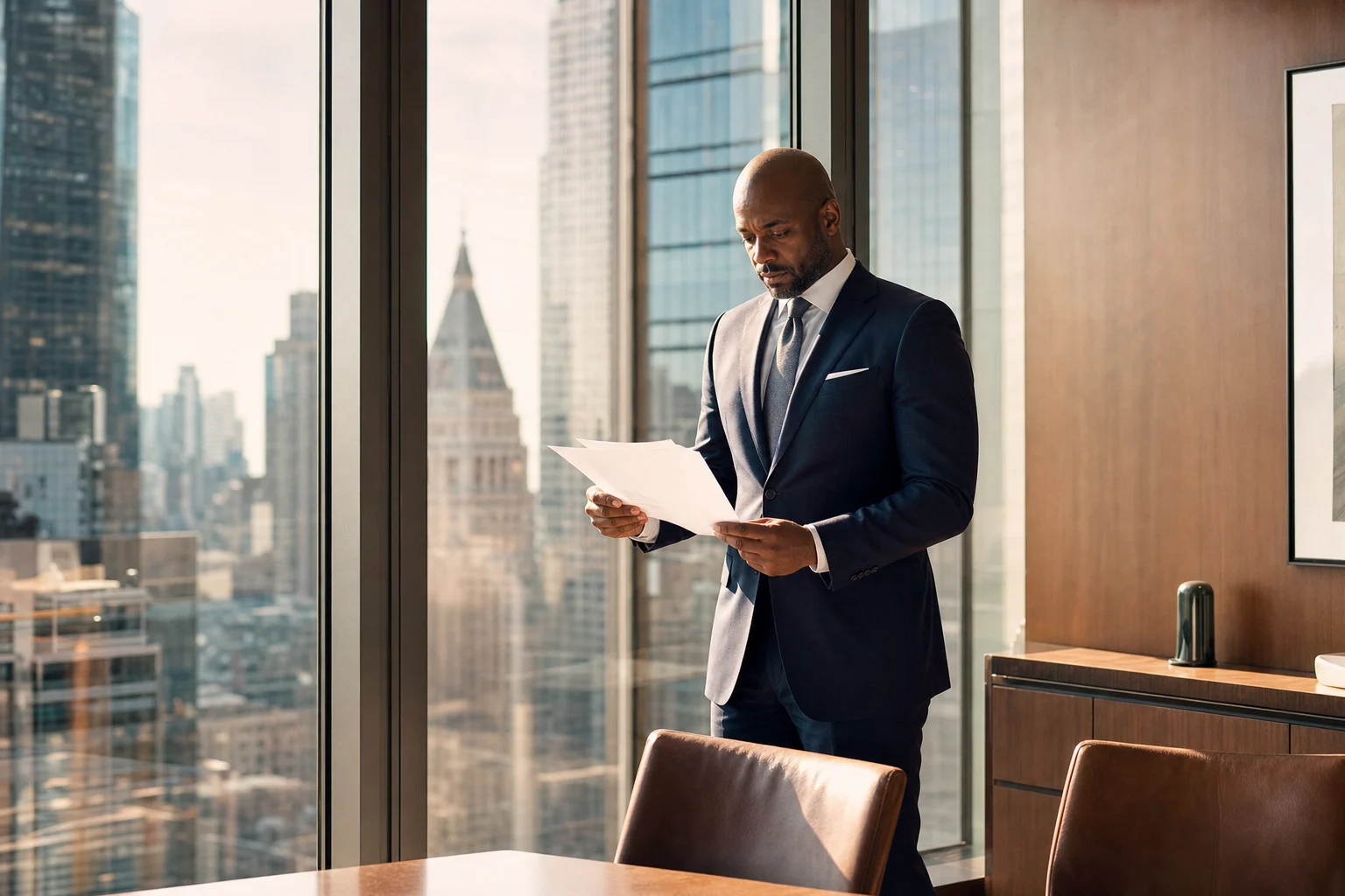 Investment professional reviewing a strategy document in a Manhattan office.