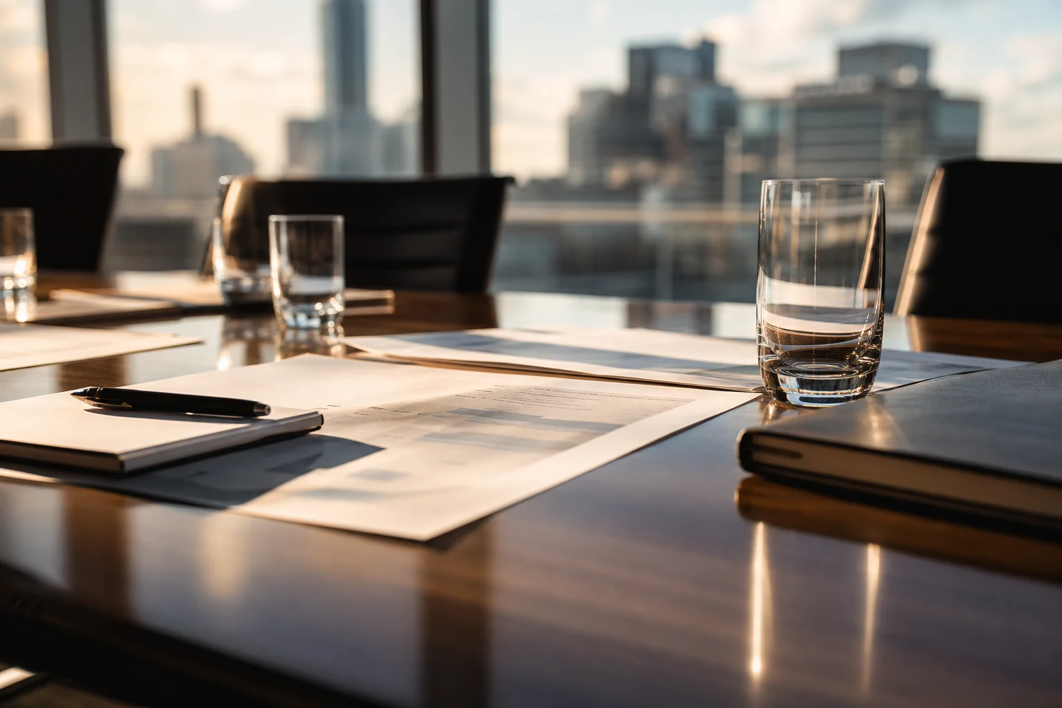 Warm boardroom table with strategy documents and city reflections.