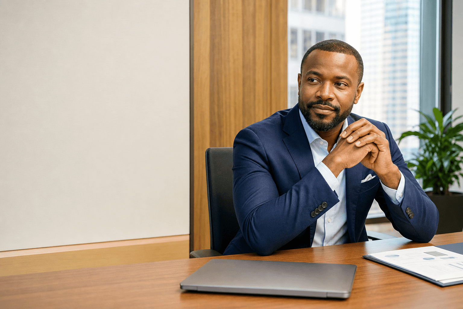 Executive seated at a desk in a quiet New York office.