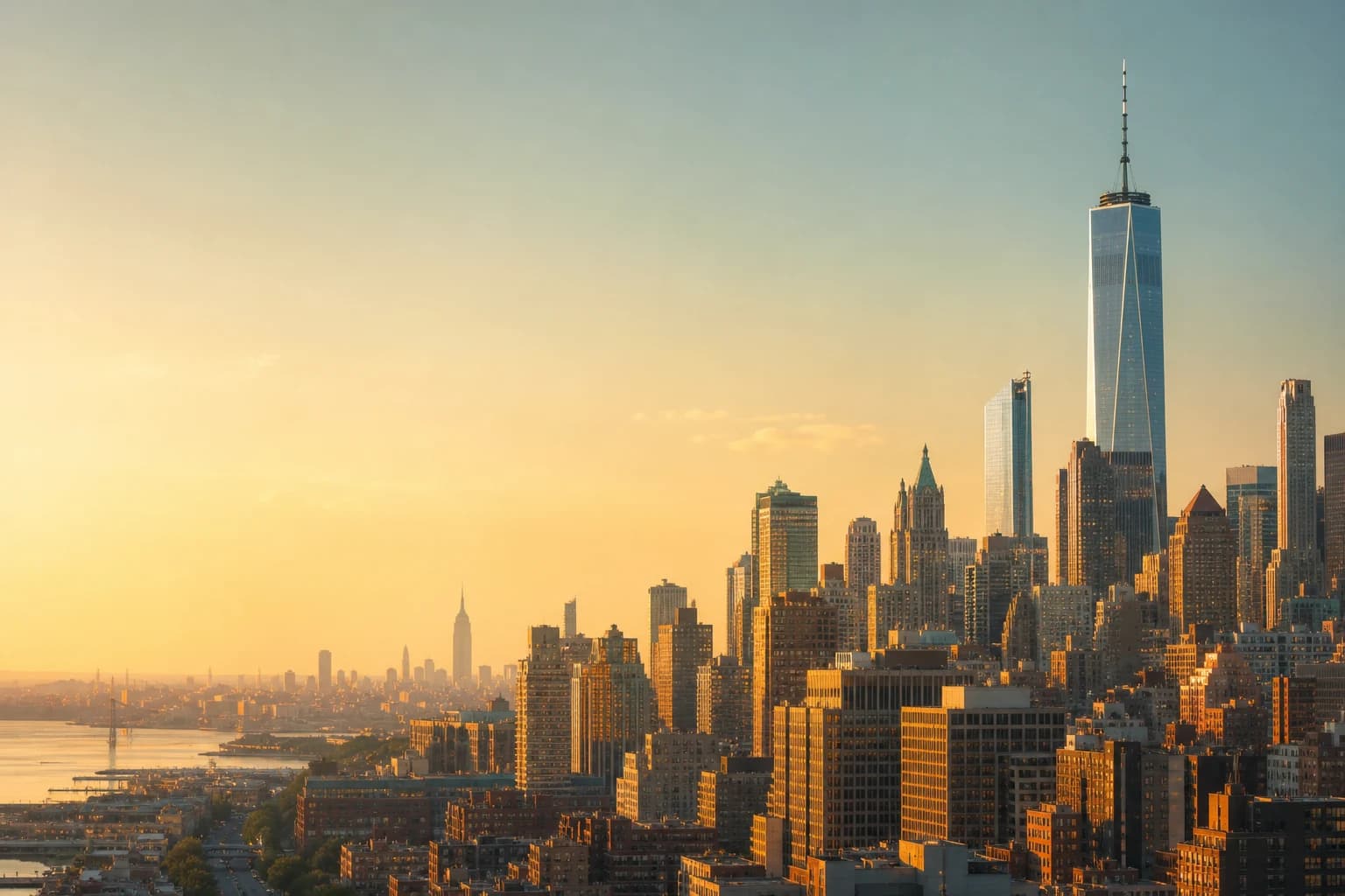 New York skyline at blue hour with open sky.