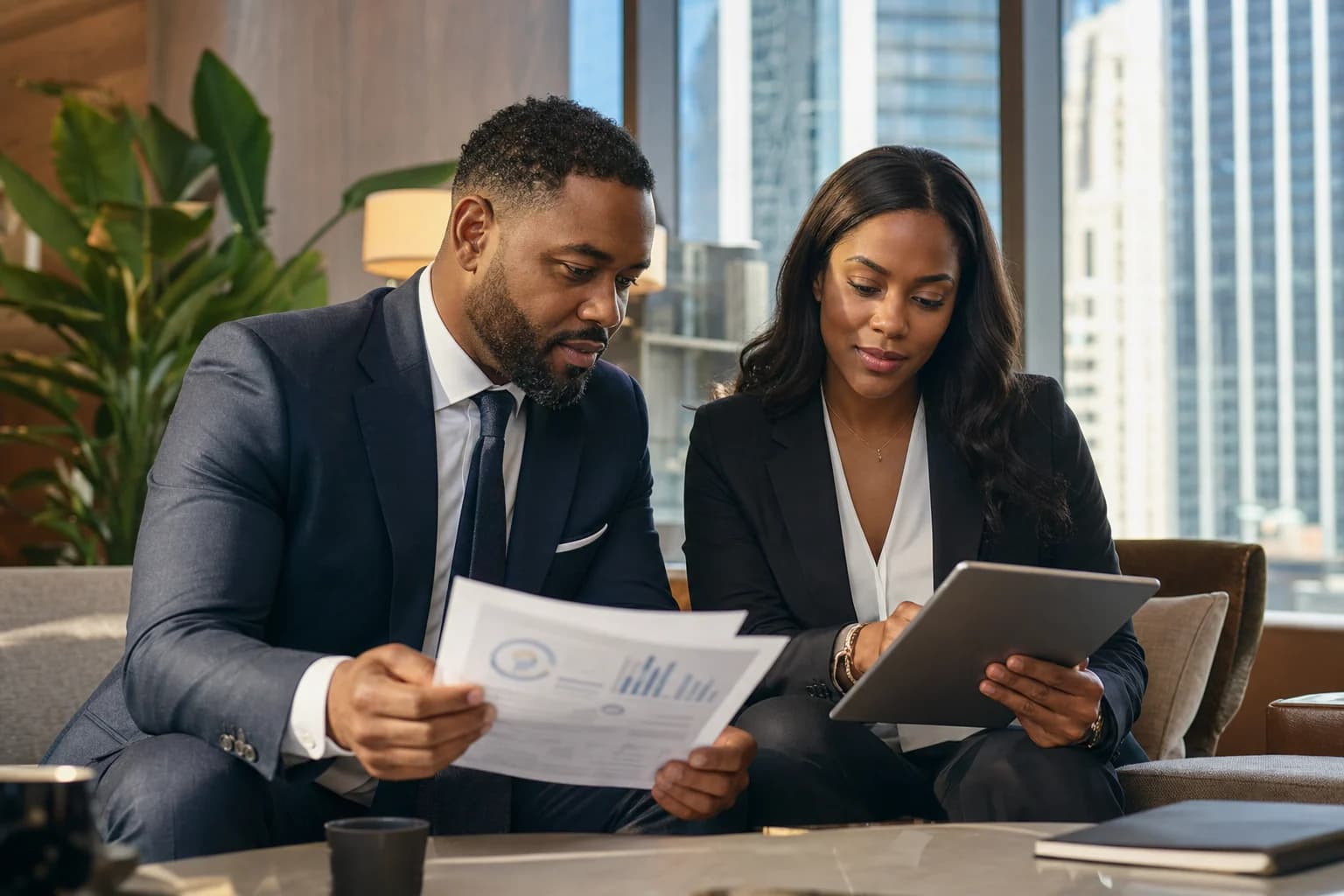 Investment professionals comparing research in a warm office lounge.