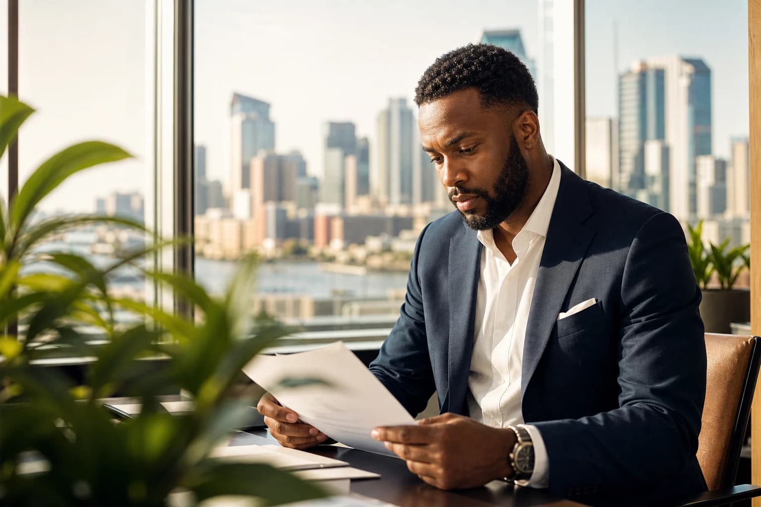 Analyst reviewing currency market documents by bright city windows.