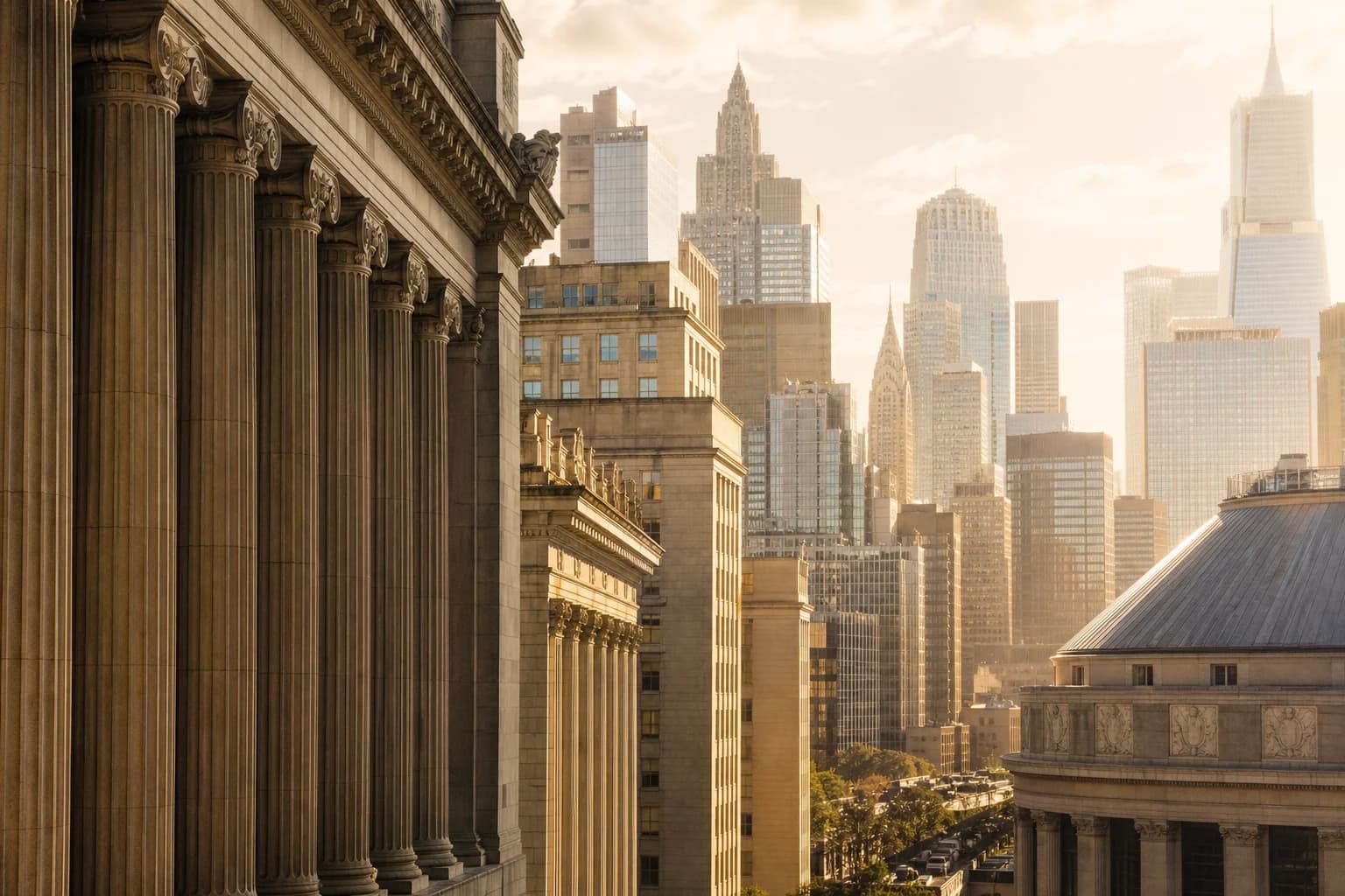 New York financial district architecture in golden morning light.