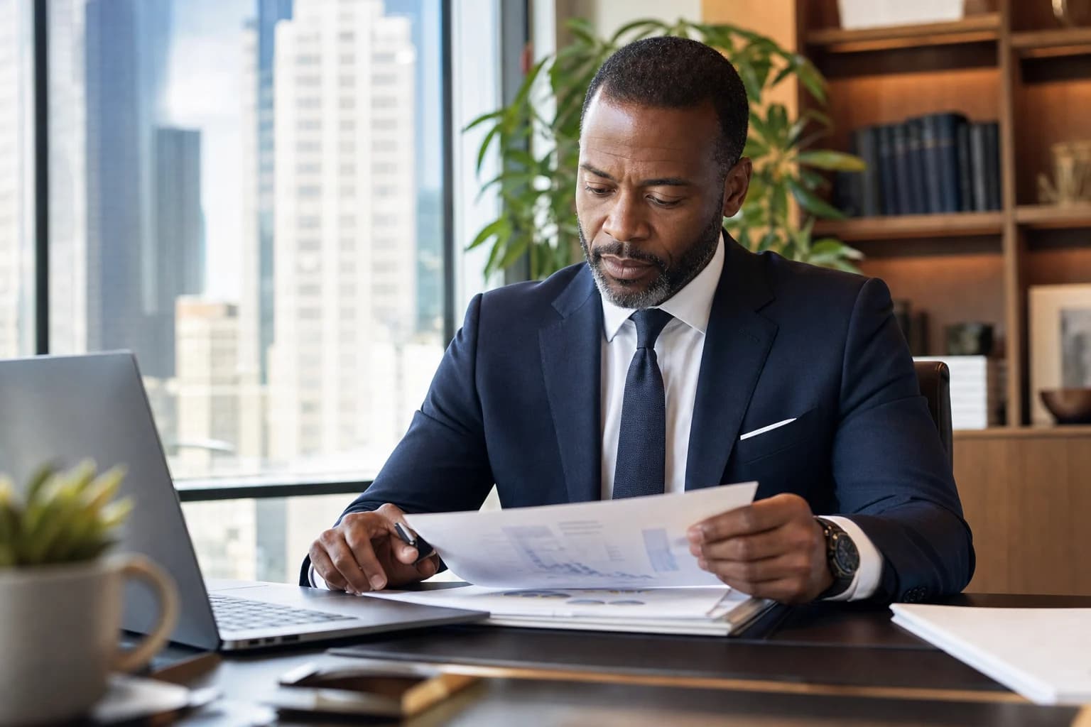 Portfolio manager reviewing market notes in a bright Manhattan office.