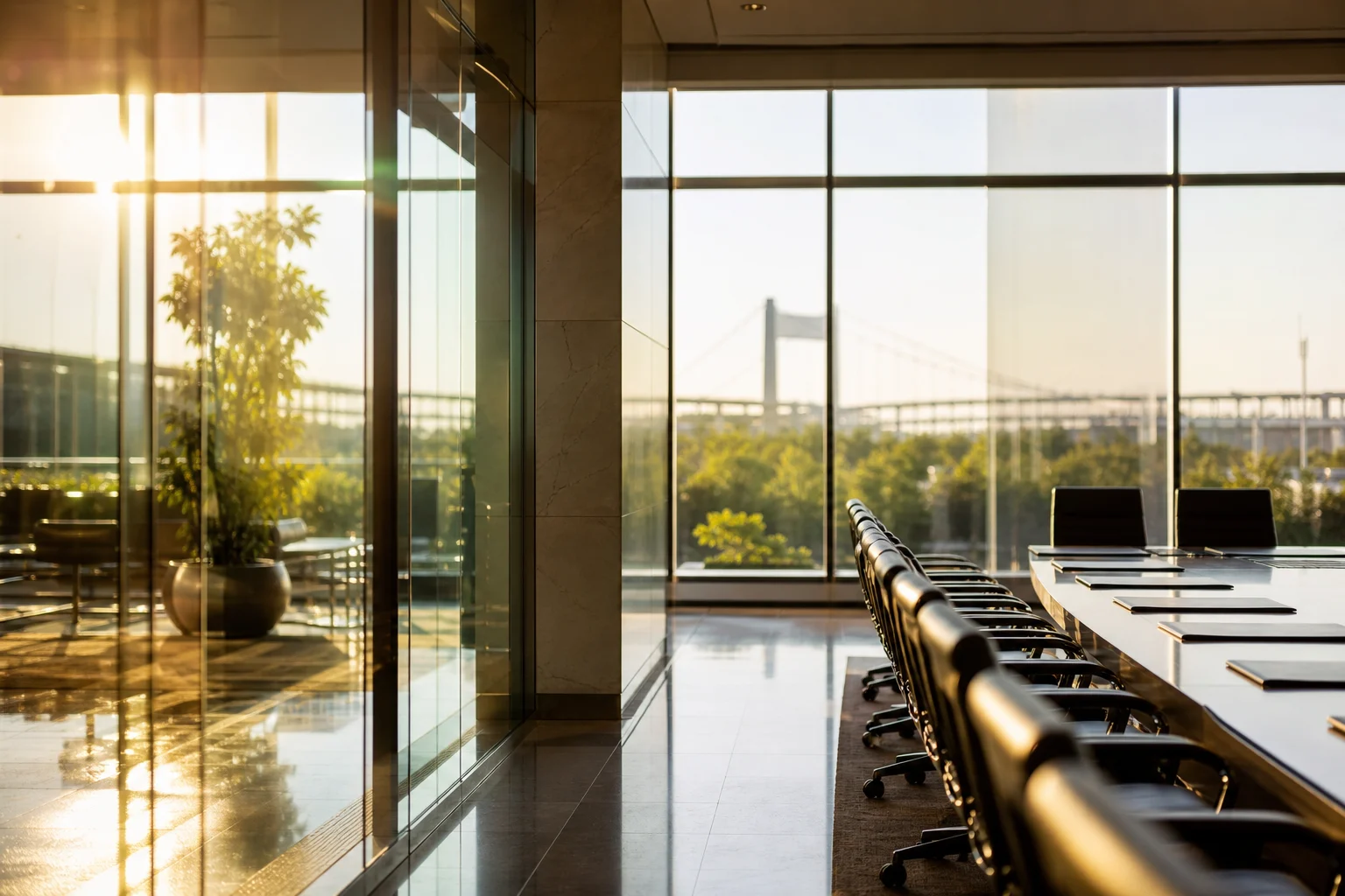 Warm boardroom with glass reflections and institutional architecture.