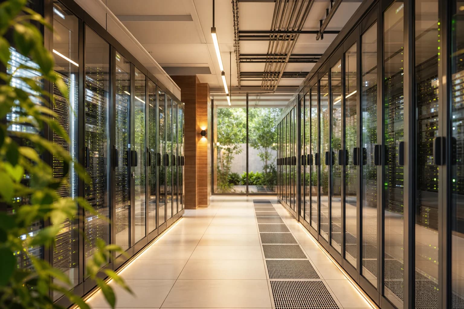 Clean server corridor with symmetric infrastructure.